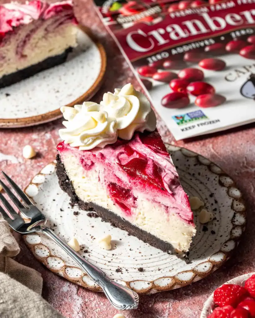 No-bake White Chocolate Cheesecake with a Cranberry Raspberry Swirl