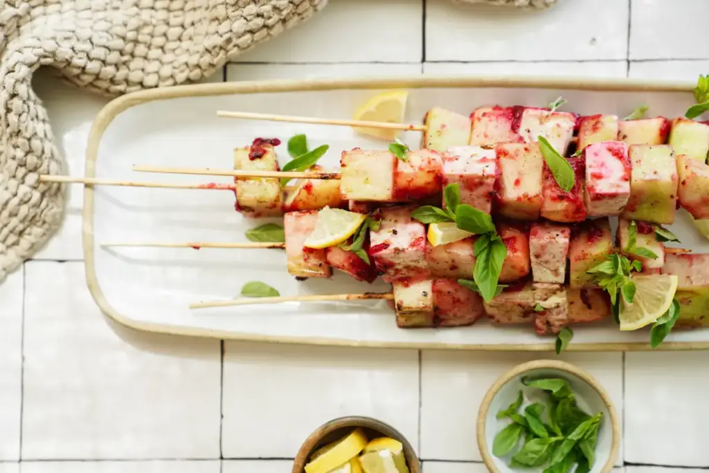 Peach, Feta, and Melon Skewers with Cranberry Marinade
