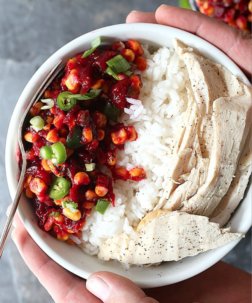 Spicy Cranberry Corn Salsa Turkey Bowl