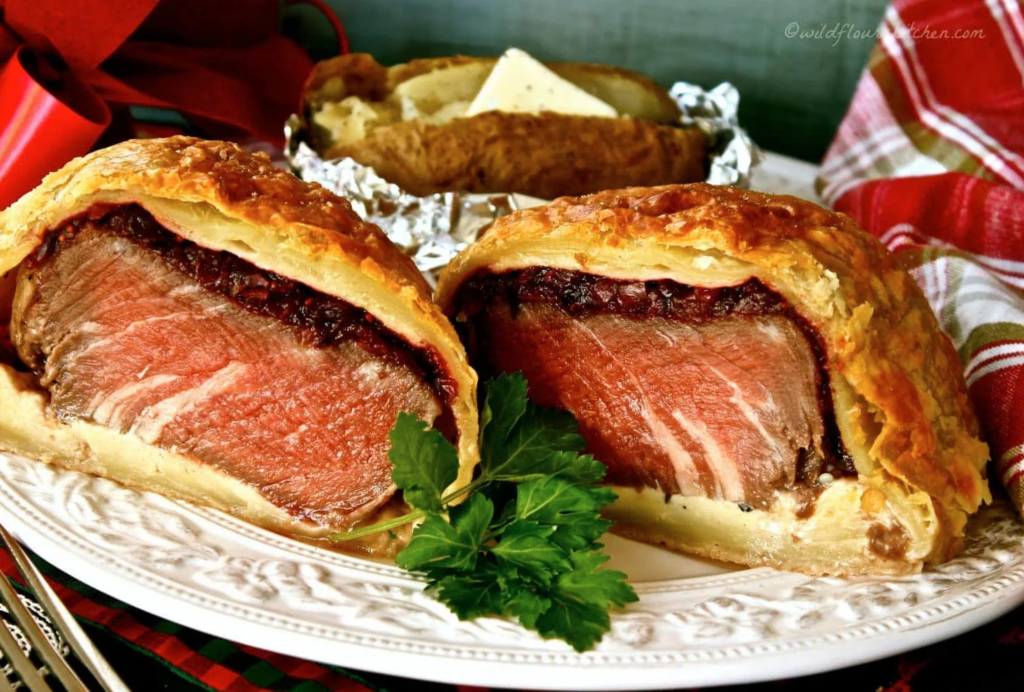 Cranberry Balsamic Onion Jam Filet Mignon in Puff Pastry with Blue Cheese
